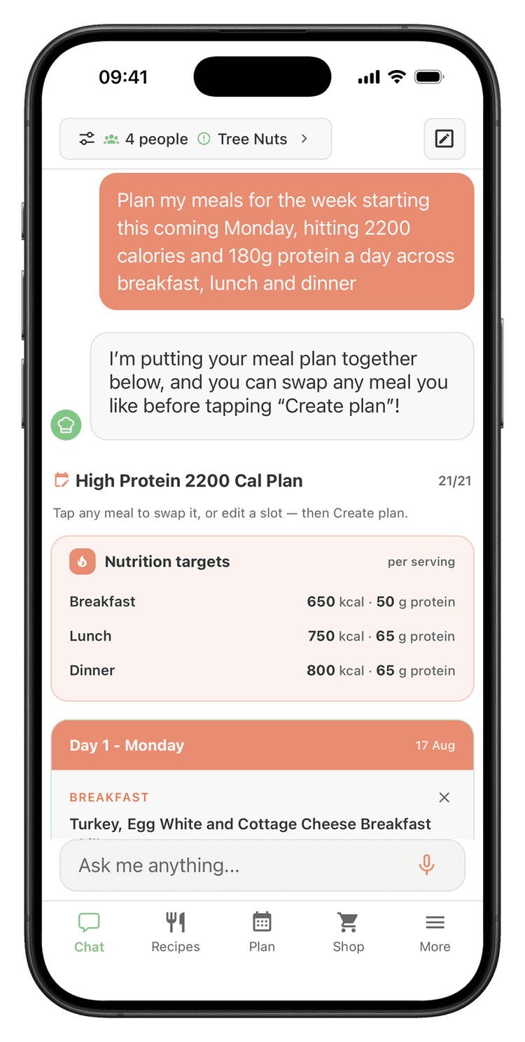 FoodiePrep meal plan with per-meal calorie and protein targets on iPhone